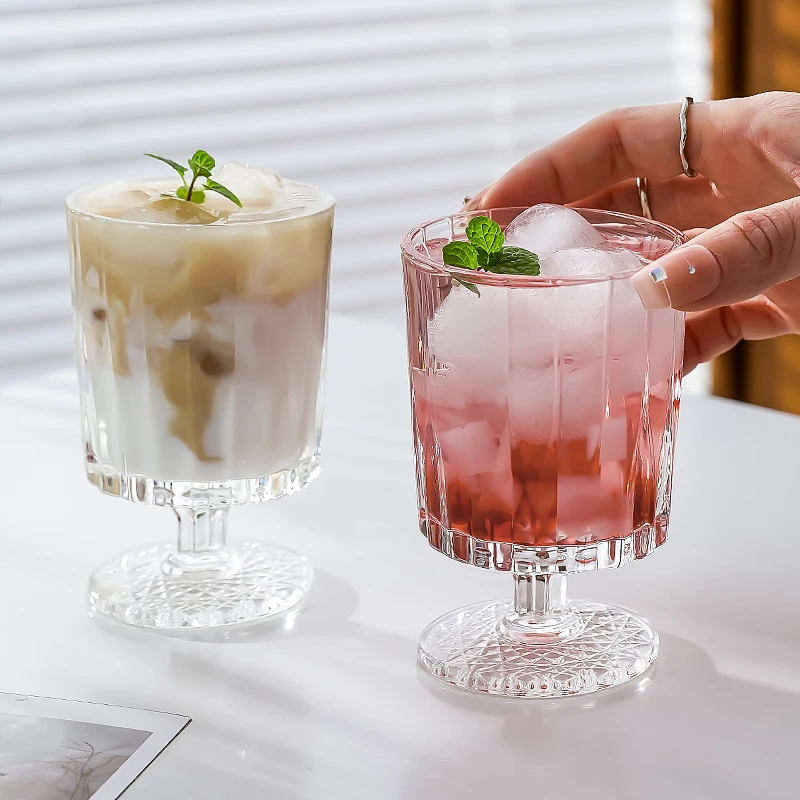 ins风红酒杯鸡尾酒杯调酒杯高颜加厚条纹高脚杯家用甜品杯水杯