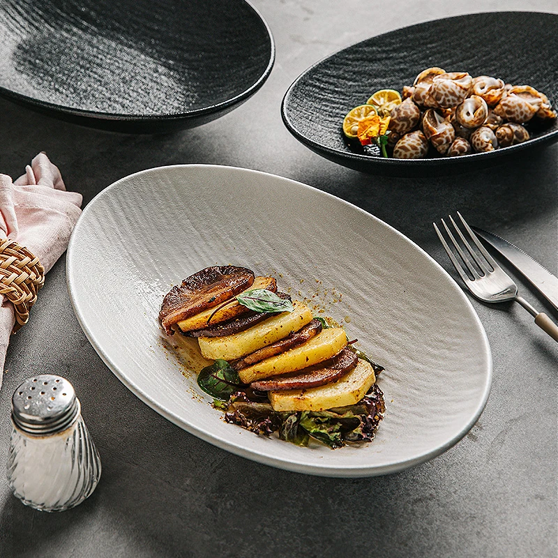 陶瓷水果沙拉碗松弛感椭圆深盘创意菜碗家用西餐具元宝碗意面碗