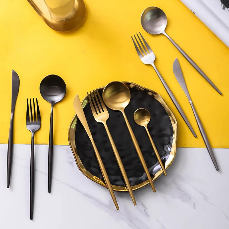不锈钢牛排餐具套装西餐刀金色刀叉勺勺子家用长柄锅盖头