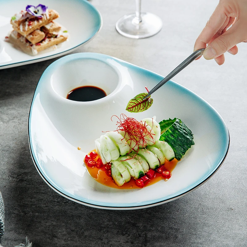 泊宫陶瓷分格饺子盘带醋碟早餐盘小吃盘凉菜盘子酒店餐厅商用定制