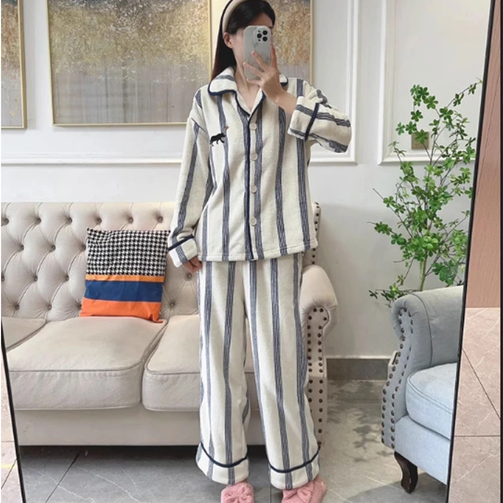 秋冬厚款舒棉绒条纹家居服套装时尚休闲宽松显瘦长袖网红气质睡衣