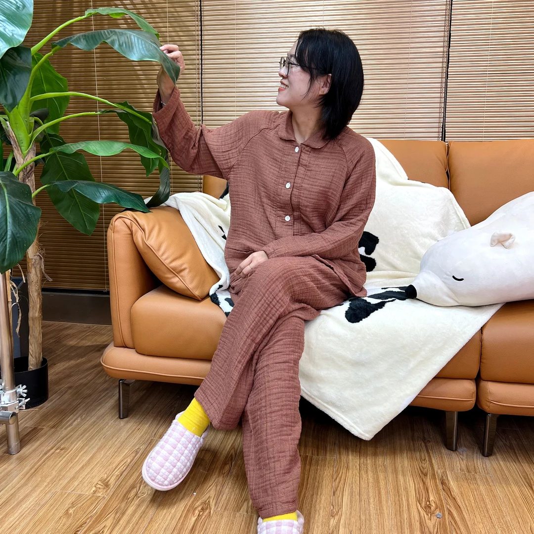 全棉四层纱家居服套装纯棉女士秋冬新品加厚简约100%全棉家居服女