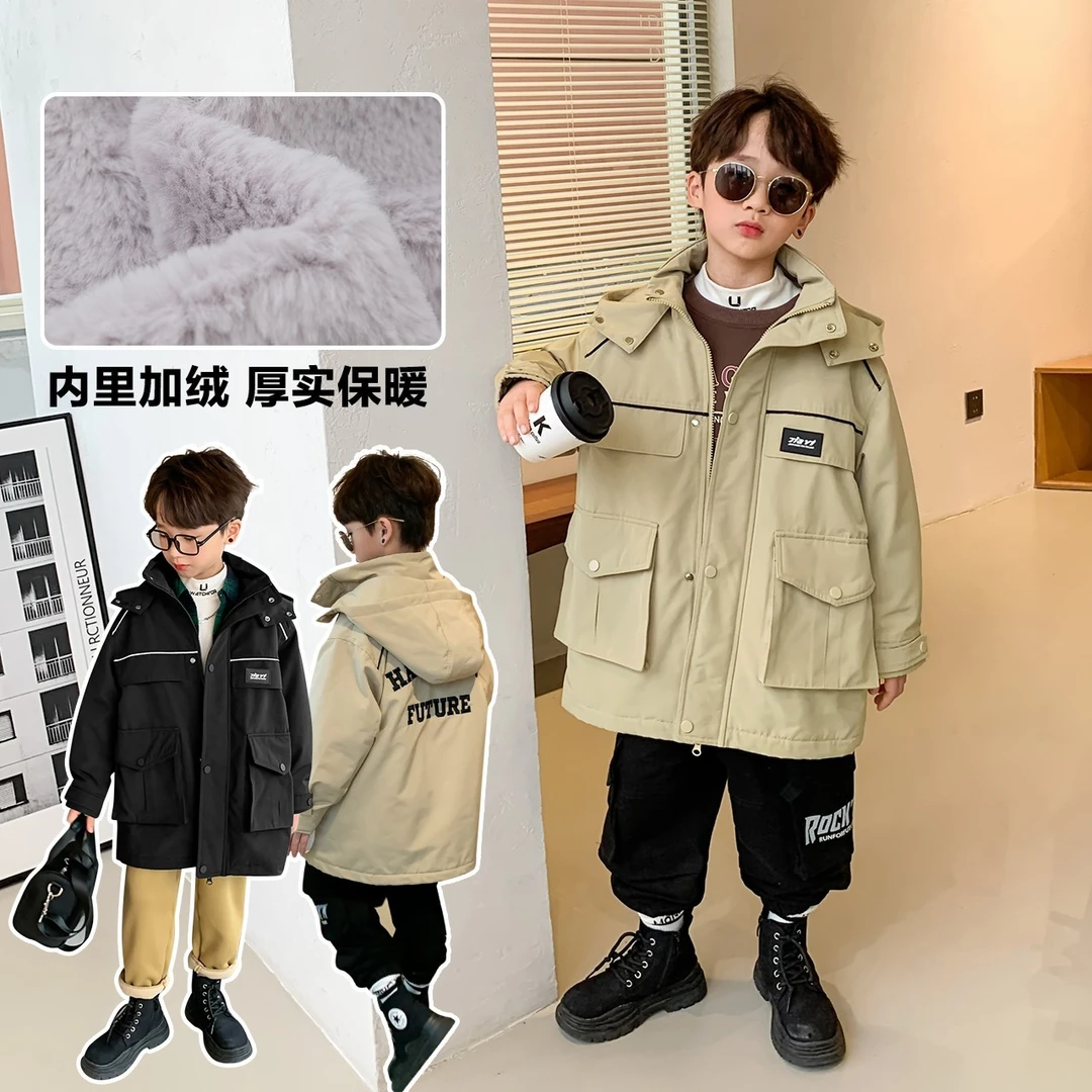 左西男童外套冬装儿童夹绒棉服英伦中长款冬季保暖上衣服ZY224010