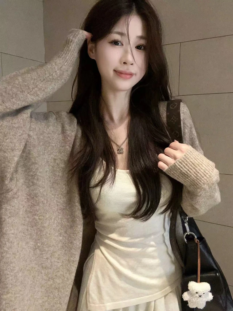 慵懒风针织衫外套女纯色中长款宽松长袖针织衫毛衣外套女