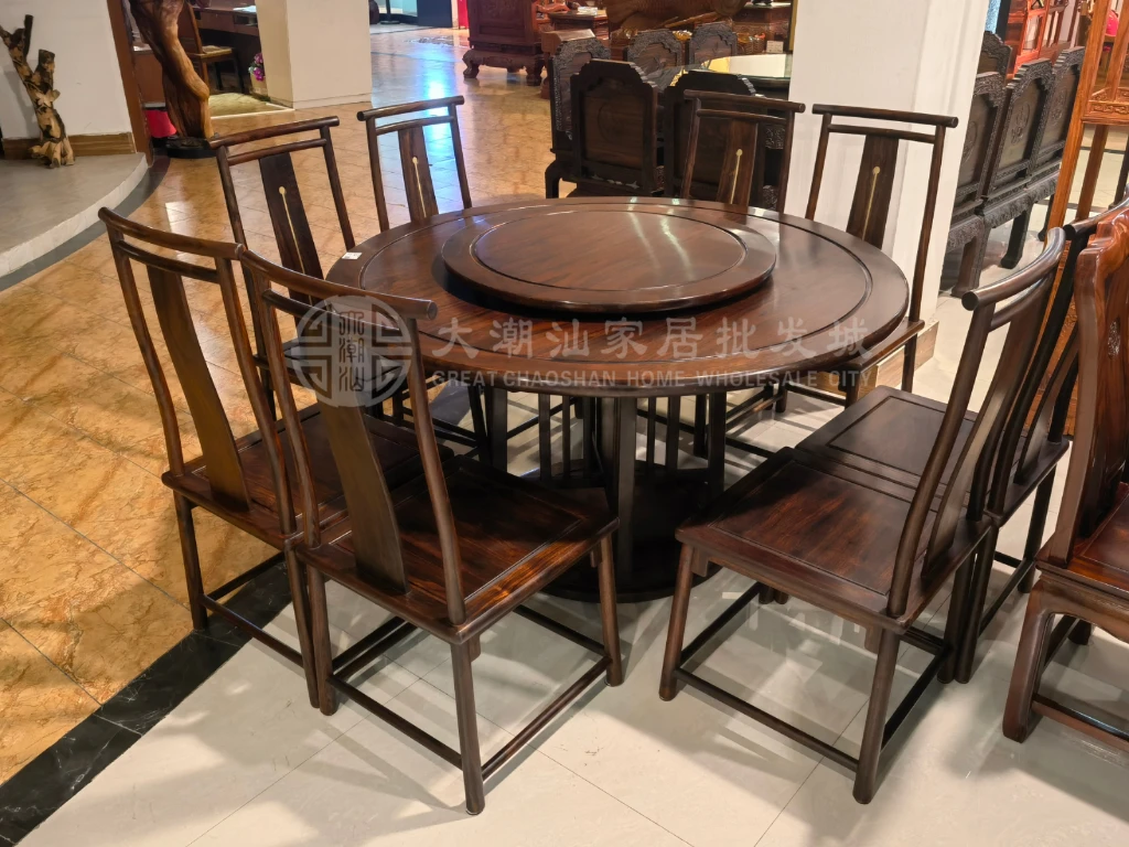 1号圆台配5号餐椅 9件套 实木材质 家用简约新中式大气餐桌