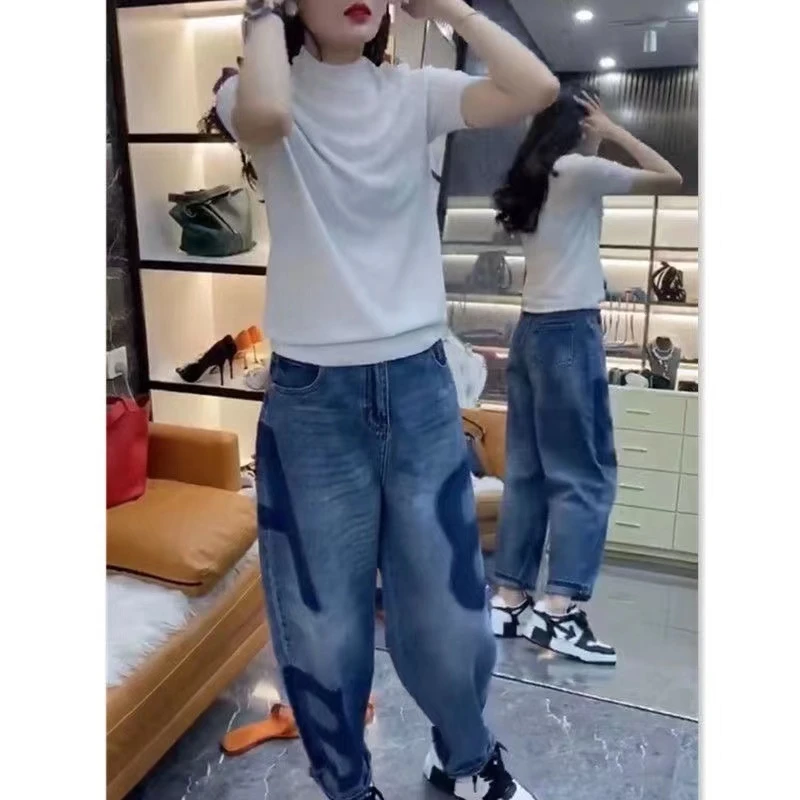 新款时尚洋气百搭舒适休闲打底衫字母显瘦哈伦牛仔裤女装T7655
