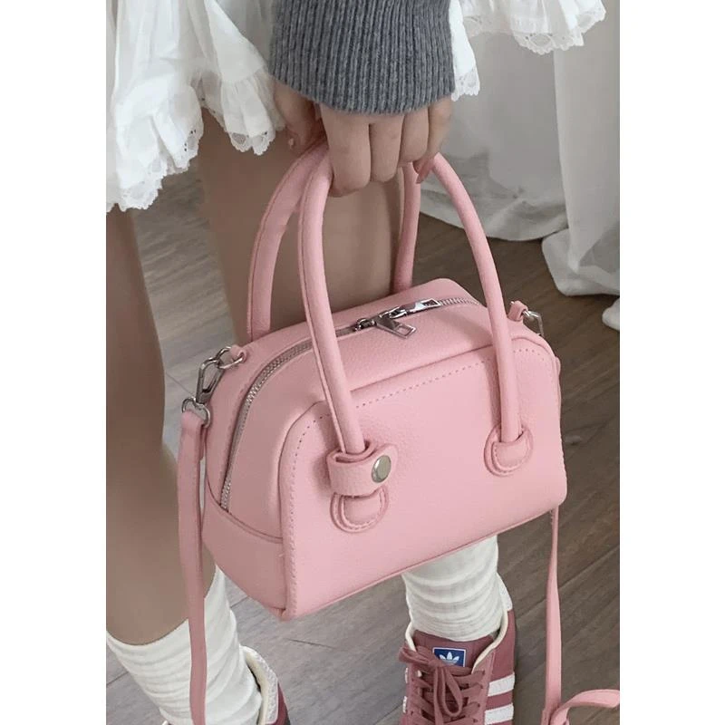 韩国小众手提保龄球包包女百搭小包包时尚樱花粉小方包斜挎通勤包