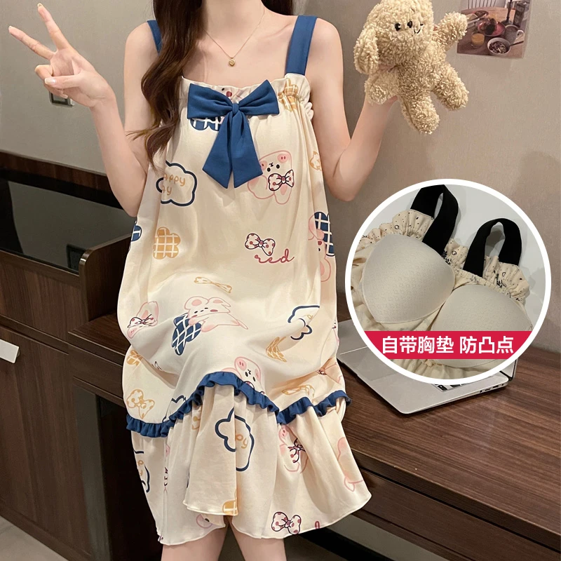 夏季吊带裙女棉短袖宽松亲肤透气可外穿带胸垫长款韩版睡衣880