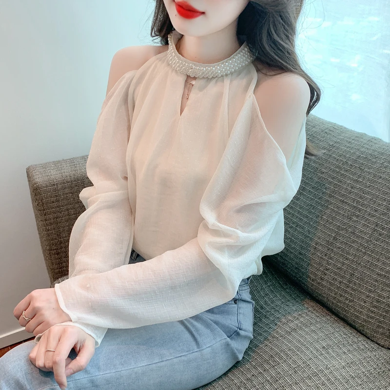 2025新款春秋时尚小心机挂脖长袖雪纺衫女士露肩洋气上衣法式小衫