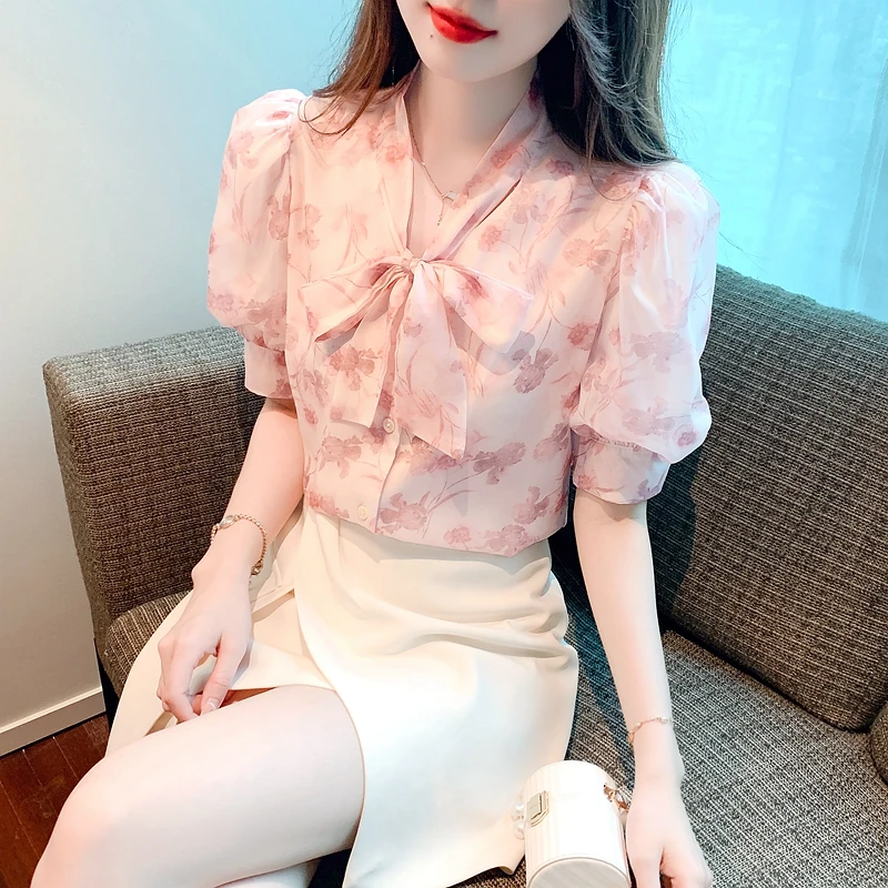 2025新款夏季气质法式名媛风时尚碎花衬衫女士夏装蝴蝶结雪纺上衣