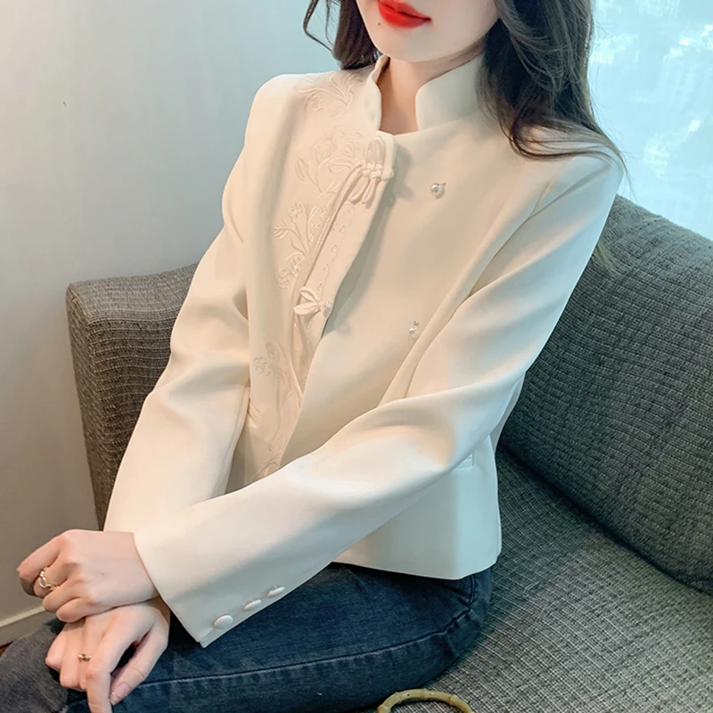 2025春秋新款新中式刺绣盘扣短外套女士长袖流苏百搭复古白色上衣
