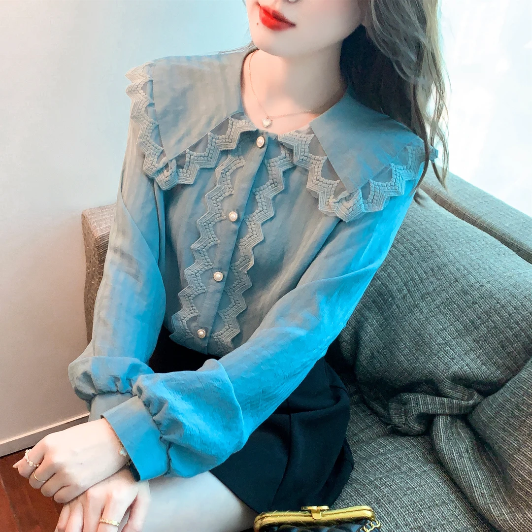 2025秋娃娃领蕾丝花边长袖衬衫女士洋气时尚百搭衬衣甜美可爱上衣