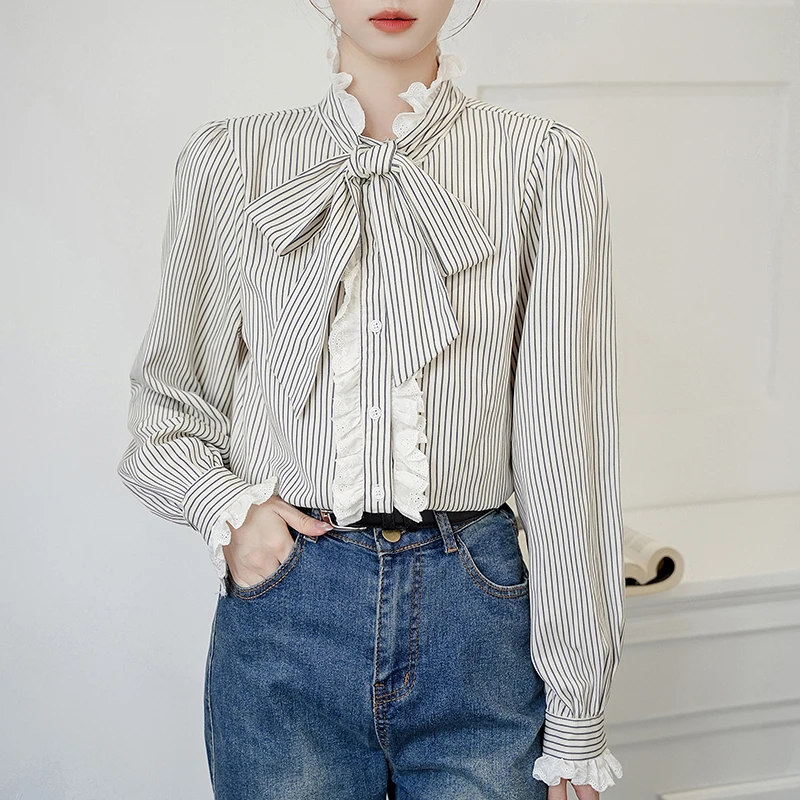 2025秋季条纹花边长袖衬衫女士气质优雅衬衣系带蝴蝶结时尚上衣服