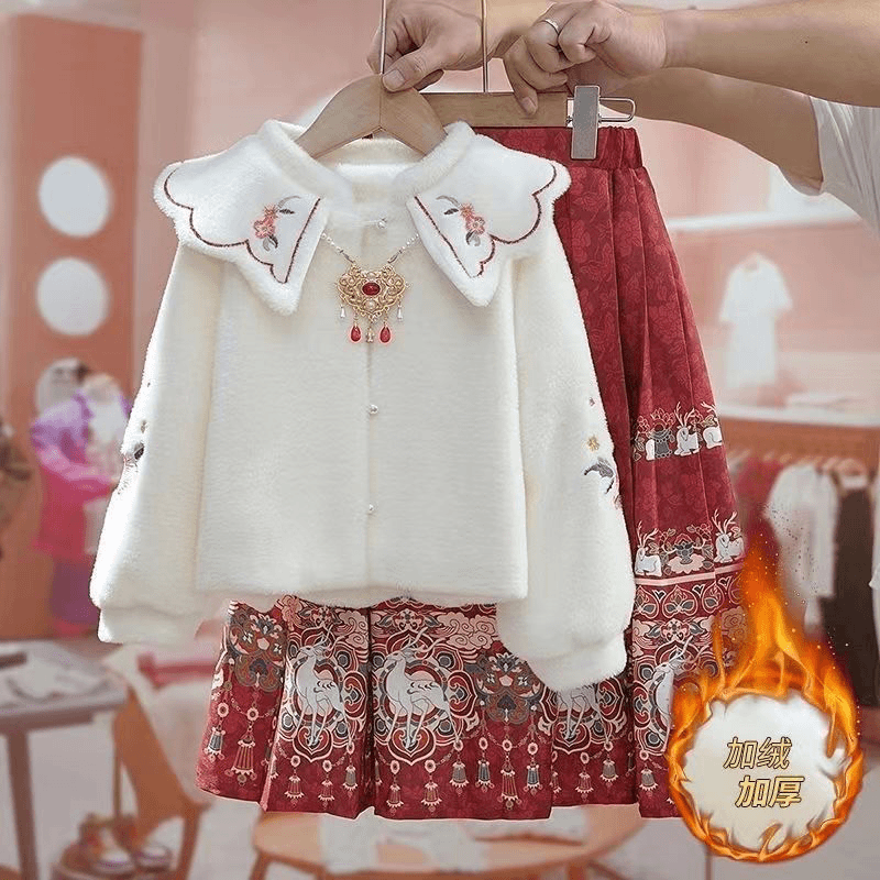 2023套装2023新款小女孩加绒加厚毛毛衣马面裙儿童2024