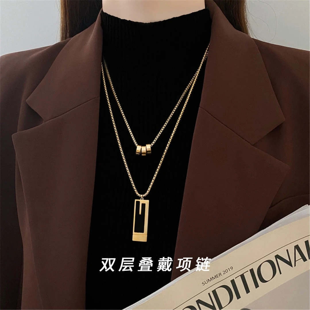 钛钢项链 钛钢双层叠戴项链高级感网红毛长方吊牌衣长款毛衣链ins