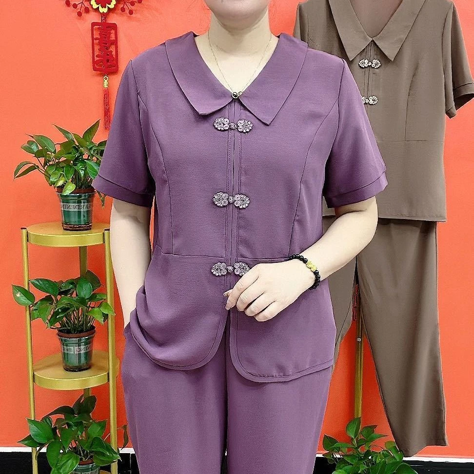 妈妈时尚高档短袖复古两件套夏季新款中老年百搭简约通勤女士套装