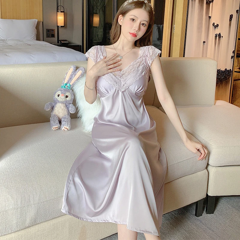 睡衣夏季冰丝性感吊带睡裙带胸垫纯欲夏季舒适蕾丝薄款家居服女士