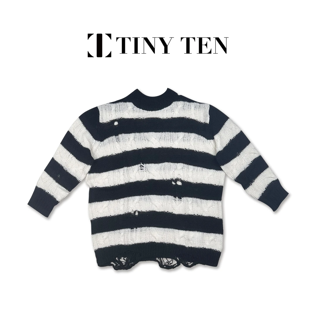 TINY TEN 摇滚破洞毛衣男女同款宽松条纹针织 衫