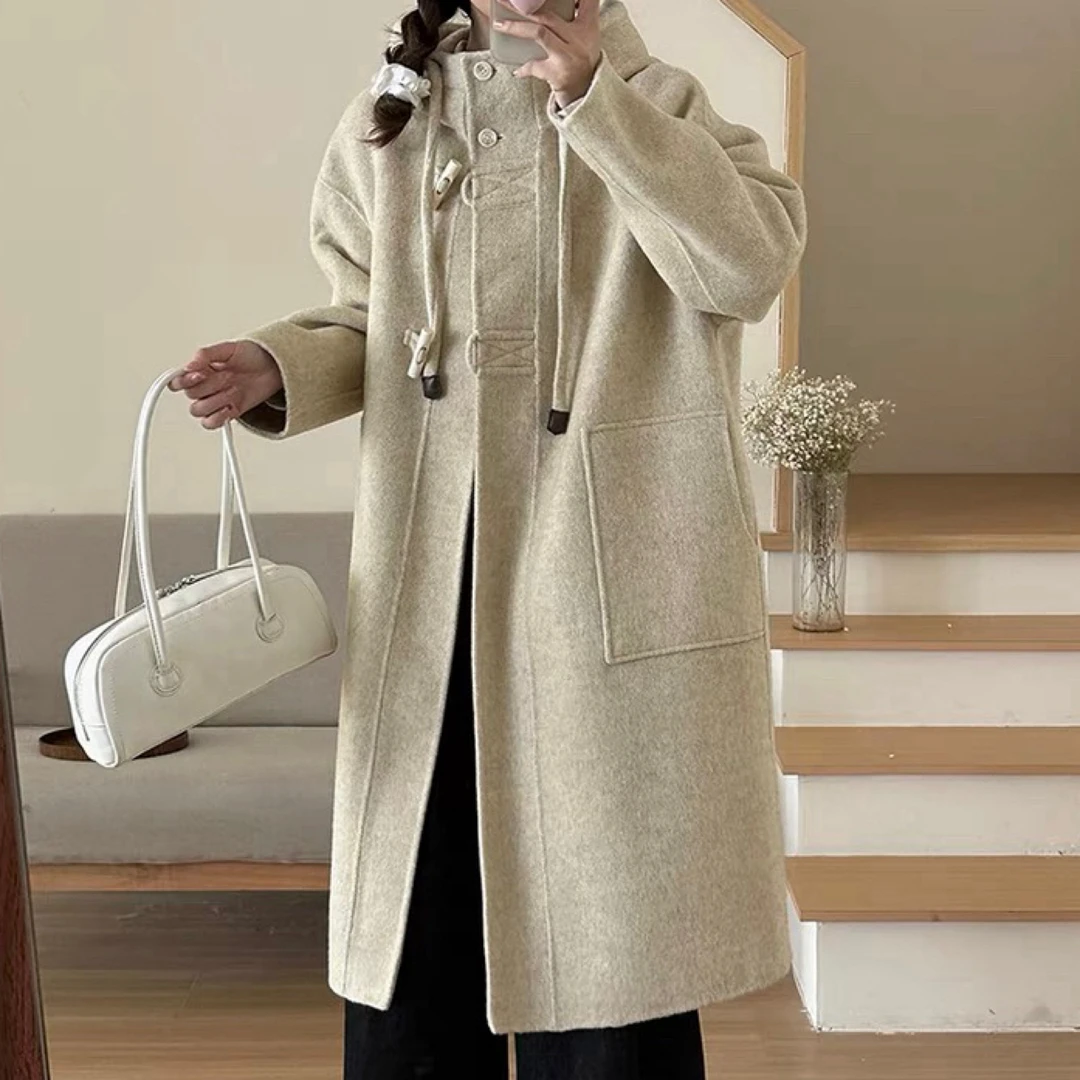2024新款连帽双面羊绒大衣女中长款韩版羊毛外套