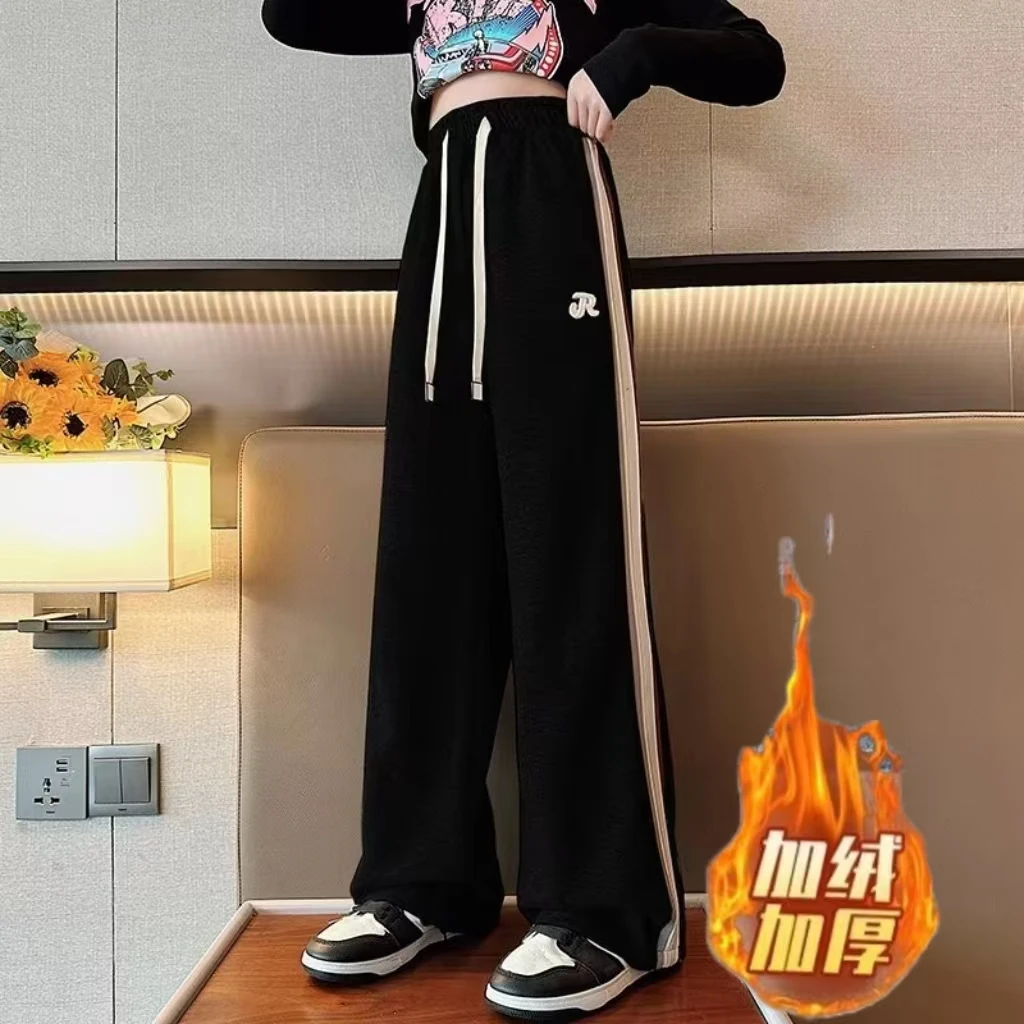 秋冬直筒女童加绒裤子休闲裤外穿春秋新款中大童加厚女学生运动裤