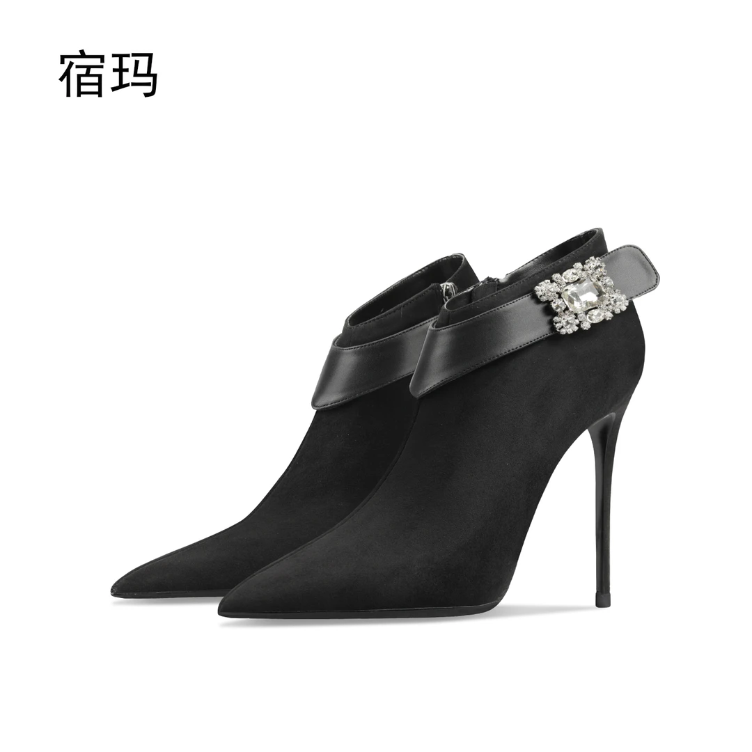 黑色短靴女2025秋冬新款绒面尖头细跟时装瘦瘦靴水钻高跟性感女靴