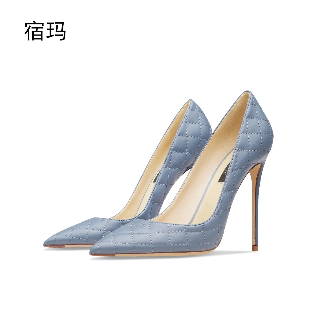 宿玛百搭绣线蓝色高跟鞋女2025年新款细跟浅口时尚职业名媛单跟鞋