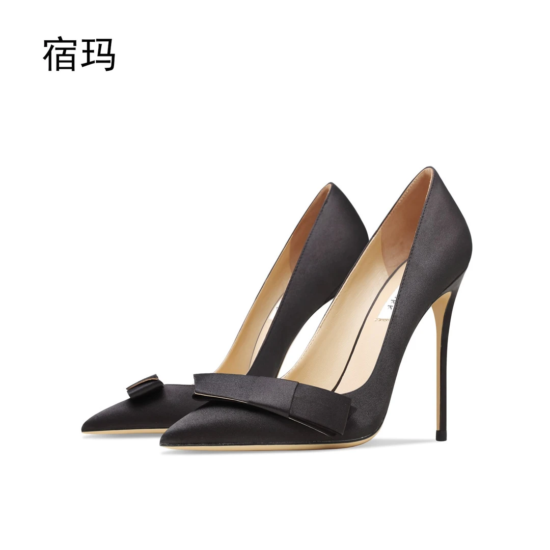 宿玛黑色绸缎蝴蝶结高跟鞋女2025年新款细跟尖头浅口搭扣礼服单鞋