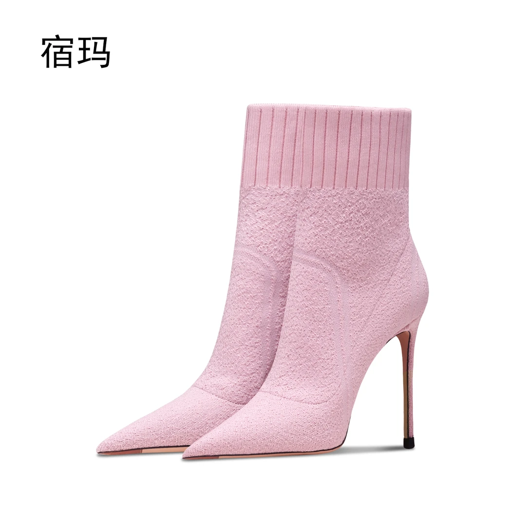 宿玛粉色针织弹力高跟短靴女2025年新款尖头时装瘦瘦袜靴单靴秋冬