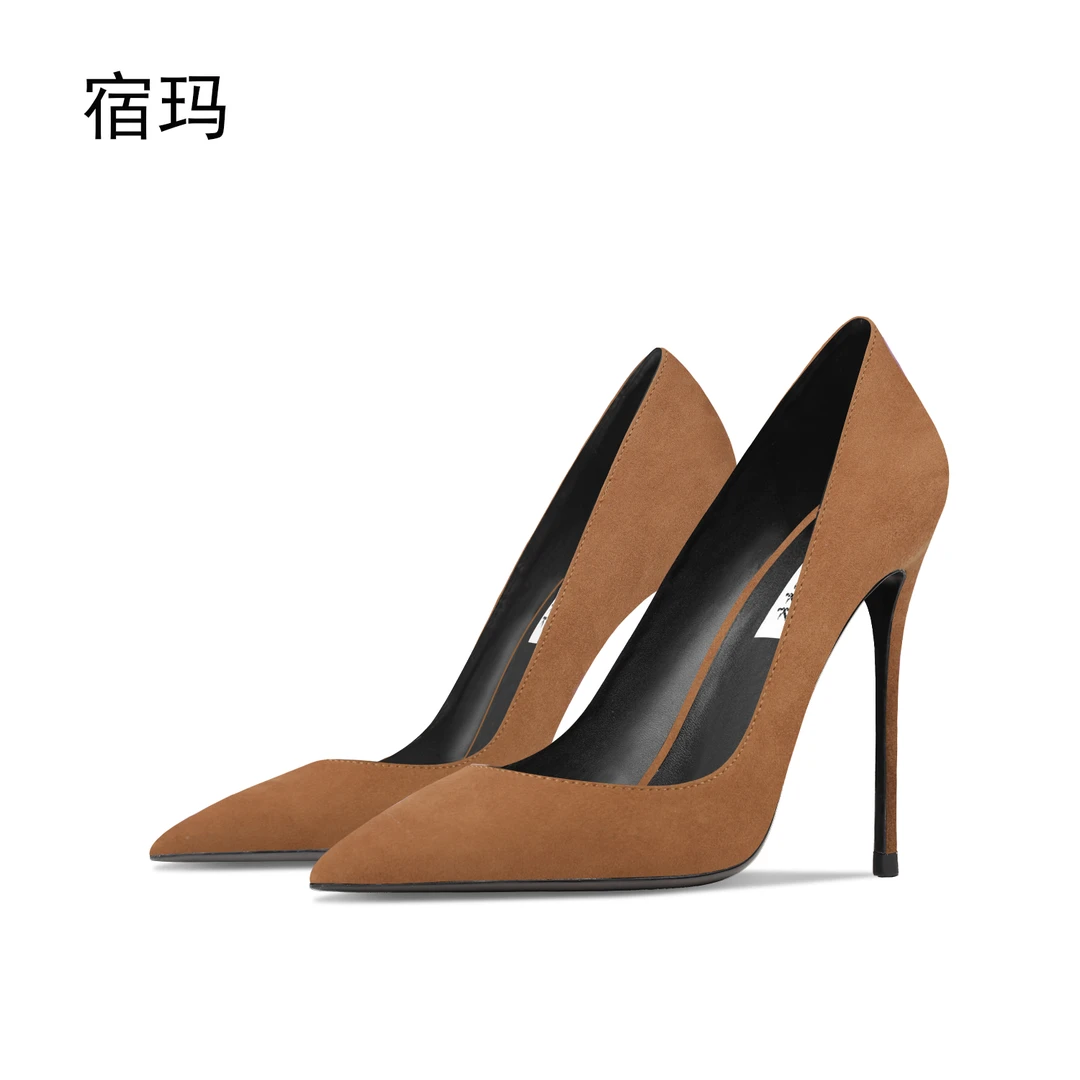 棕色绒面高跟鞋女2024年新款细跟尖头浅口一脚蹬气质法式时尚单鞋