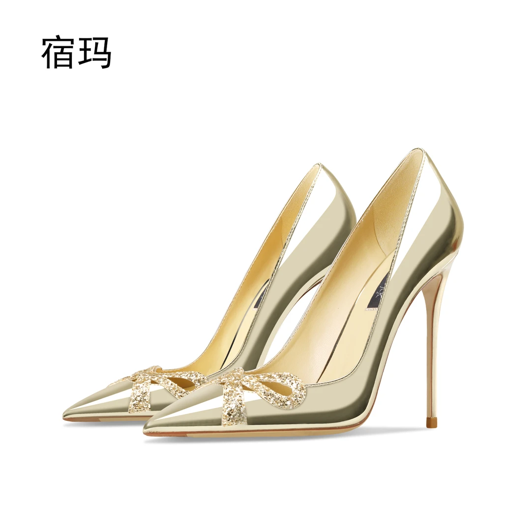 金色漆皮蝴蝶结拼接高跟鞋女2025年新款尖头浅口亮片性感单鞋法式