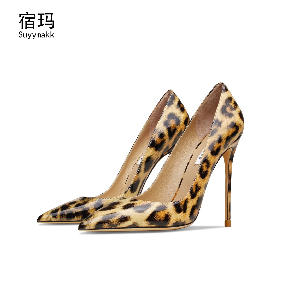 宿玛豹纹漆皮高跟鞋女2025年新款欧美细跟尖头浅口性感羊皮ol单鞋