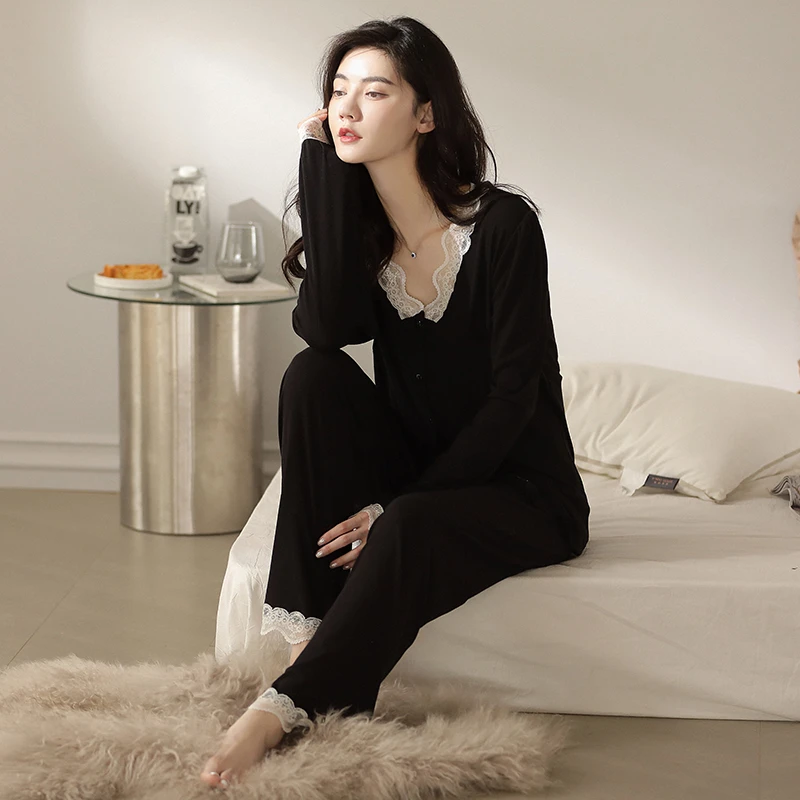 睡衣女春秋坑条螺纹弹力纯欲长袖黑色蕾丝家居服套装可外穿2014