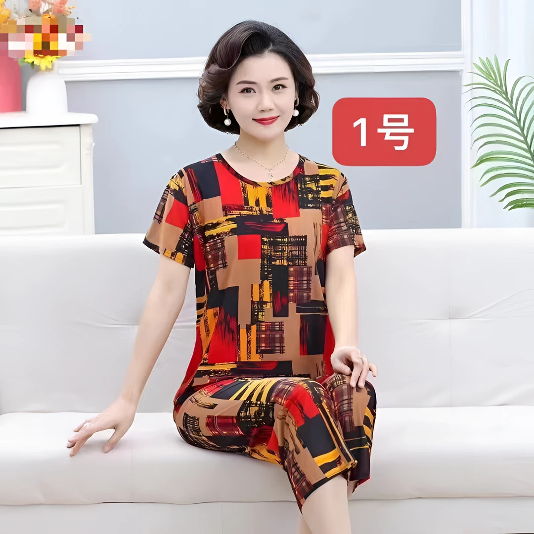 冰丝妈妈装中老年夏季宽松休闲家居服睡衣加大码薄款妈妈装夏季