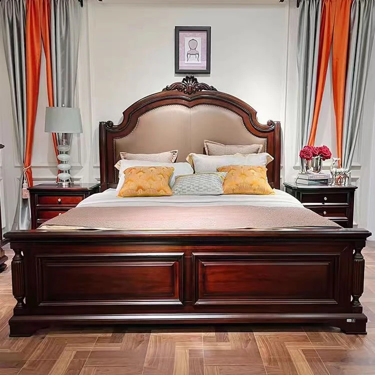 北美红樱桃美式实木双人床复古大床主卧雕花皮床高箱储物古典床