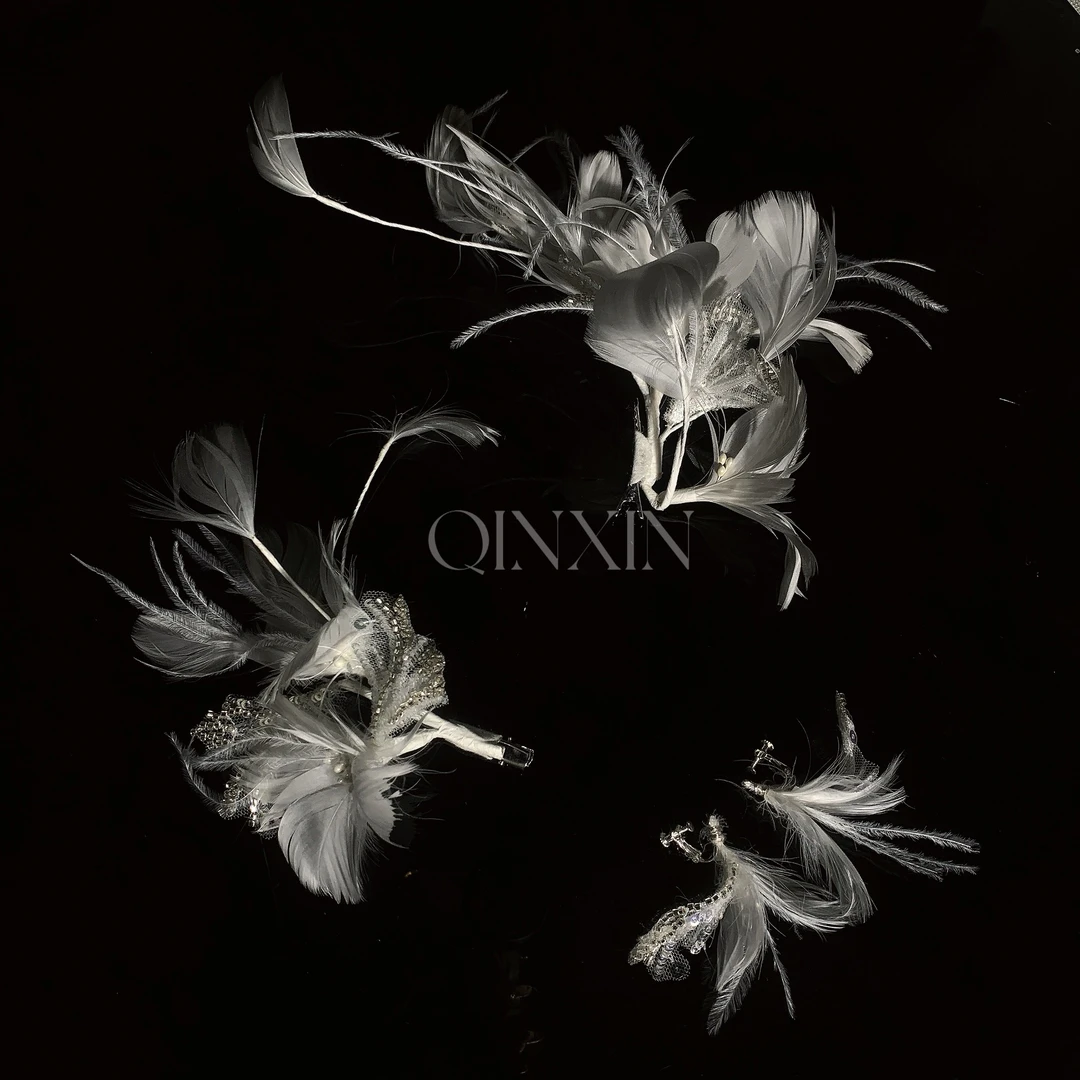 沁心新款新娘羽毛夸张四件套水晶头饰白色