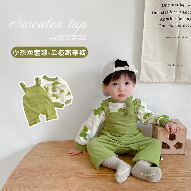 宝宝春装背带裤套装婴儿春秋衣服洋气男童春装卡通连衣两件套潮