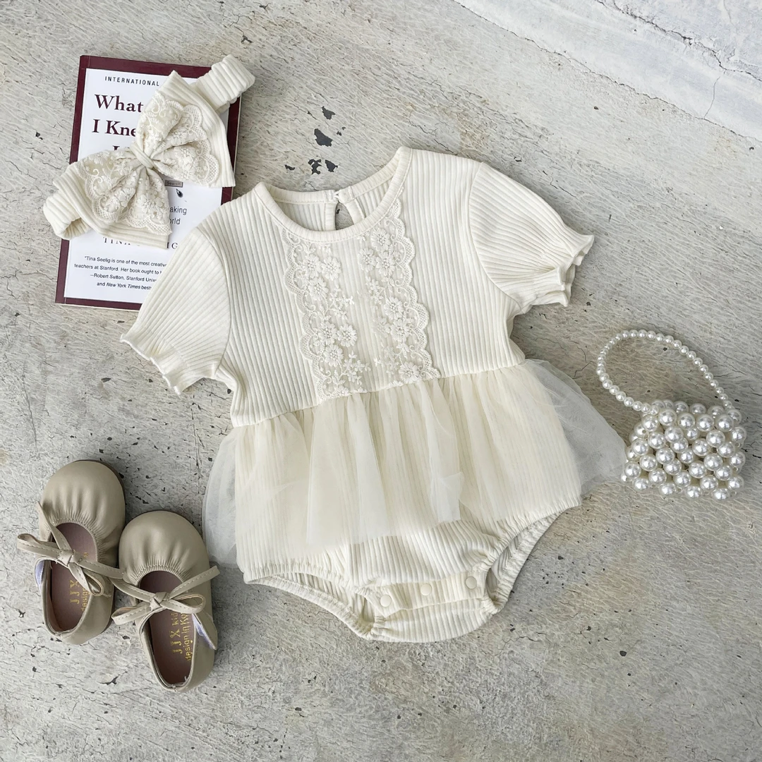 ins夏款婴儿网纱哈衣裙女宝宝公主蕾丝绣花坑条连体衣周岁满月服