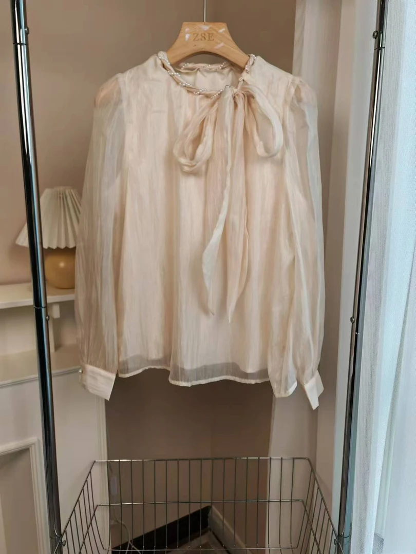 56《一云服饰》24秋季新款珍珠领编织系带上衣珠光纱长袖法式气质