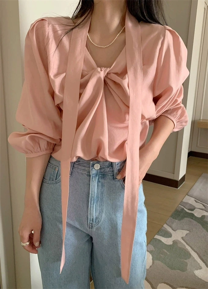 211《一云服饰》2024年秋季新品韩国东大门前后两穿绑带扭结衬衫