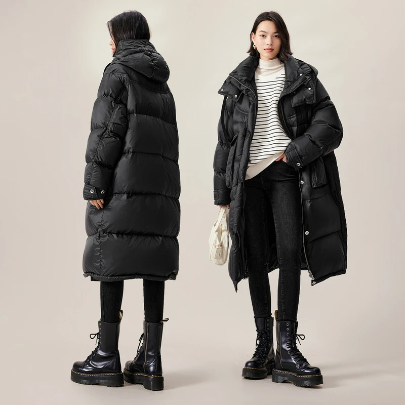 *伊芙丽连帽轻量泡感棉花糖中长款羽绒服24冬新1EA980681高级感