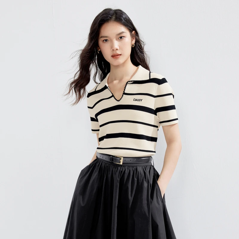 伊芙丽POLO领条纹撞色针织衫连衣裙合集2024夏装新款经典休闲