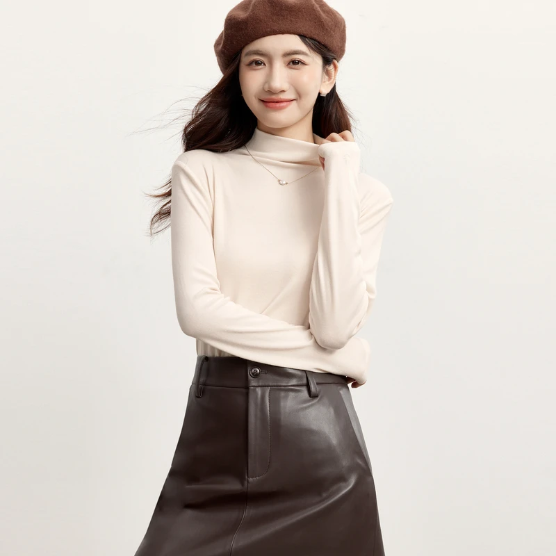 伊芙丽简约纯色弹力半高领套头打底衫女冬季内搭欧若风