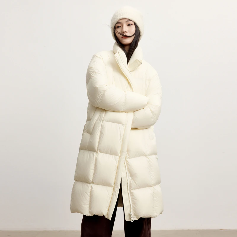 伊芙丽鸭绒立领直宽松版型落肩袖中长款女式羽绒服2024粉色羽绒服