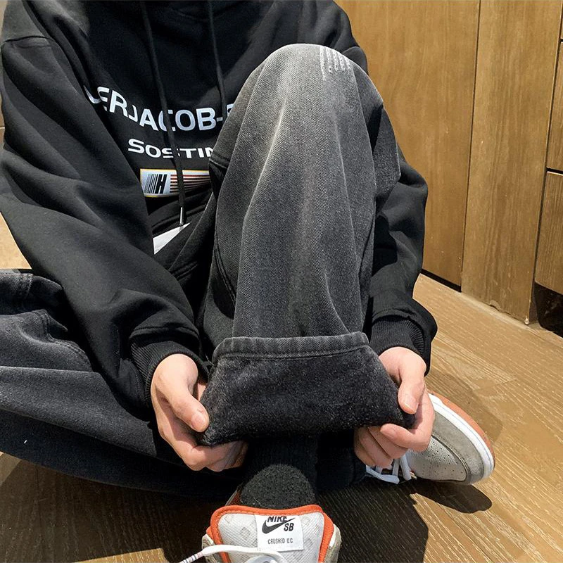 加绒加厚牛仔裤男款秋冬季美式复古休闲裤子潮牌宽松直筒阔腿长裤