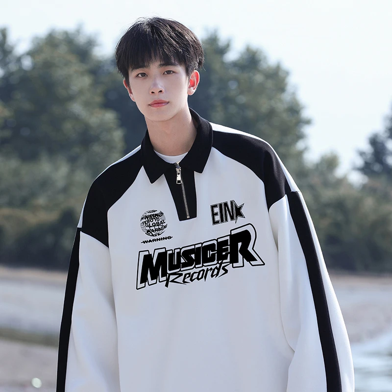 美式拼色翻领POLO衫卫衣男春秋季潮牌宽松百搭上衣服炸街痞帅外套