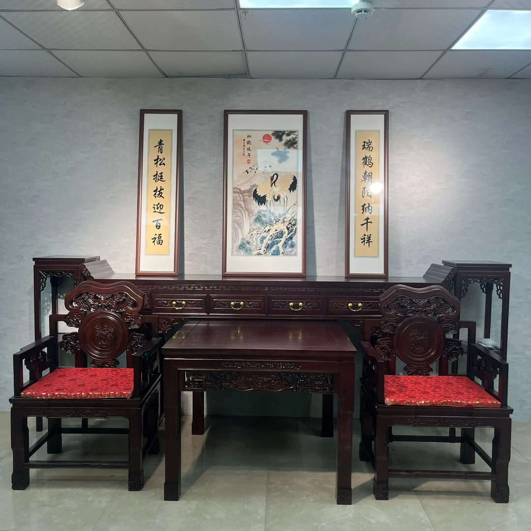 榆木红酸枝色麒麟中堂六件套古典全实木条案供桌花架客厅家具