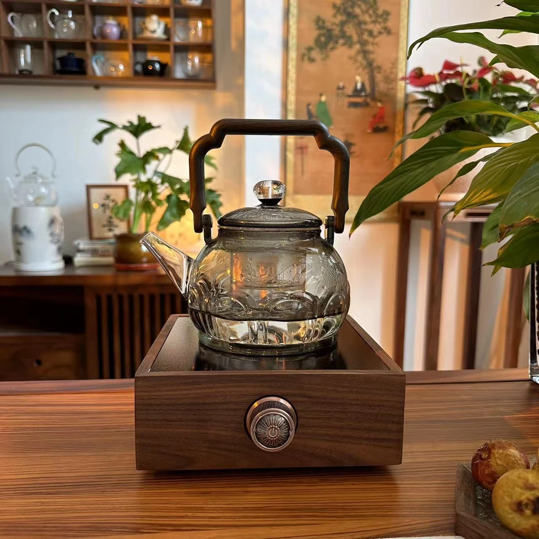 胡桃木煮茶套组 星空莲花壶 小型玻璃烧水壶白茶煮茶壶套装