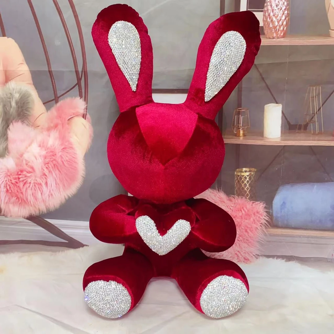 新款可爱手工镶钻兔子公仔玩偶 网红手捧爱心带钻娃娃 客厅装饰品