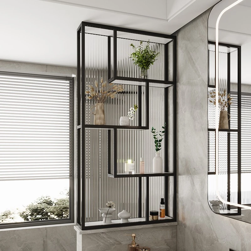卫生间半墙长虹玻璃隔断金属铁艺带置物洗漱台客厅不锈钢屏风定制