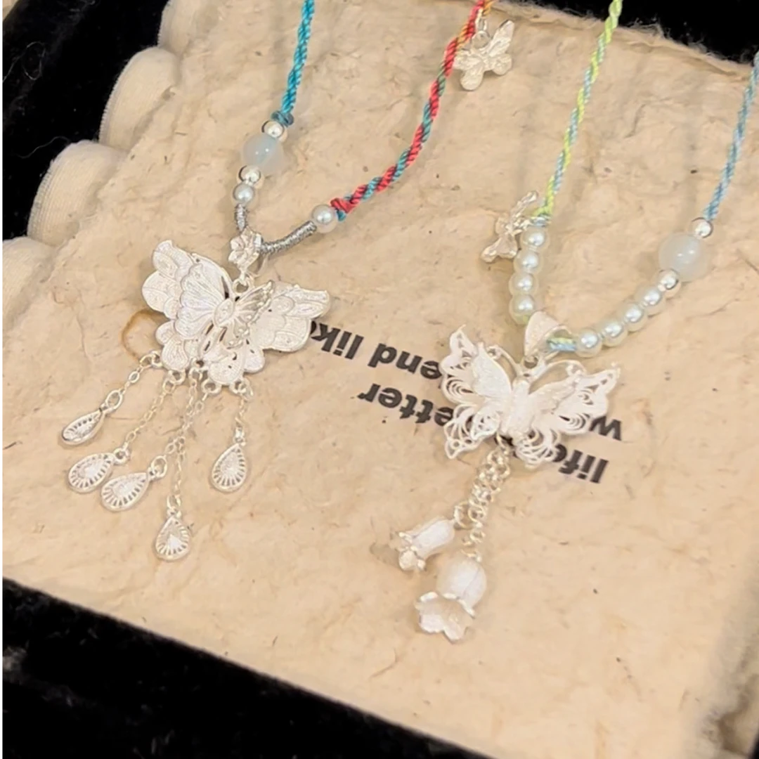 吊坠足银仿珍珠 足银彩色蝴蝶编制项链XLCY979-烨